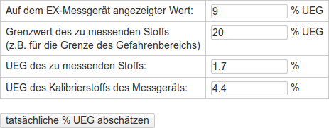 Eingabemaske Berechnungen für Explosionsgrenzen-Messgeräte