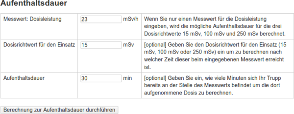 Eingabemaske Berechnungen für den Strahlenschutzeinsatz